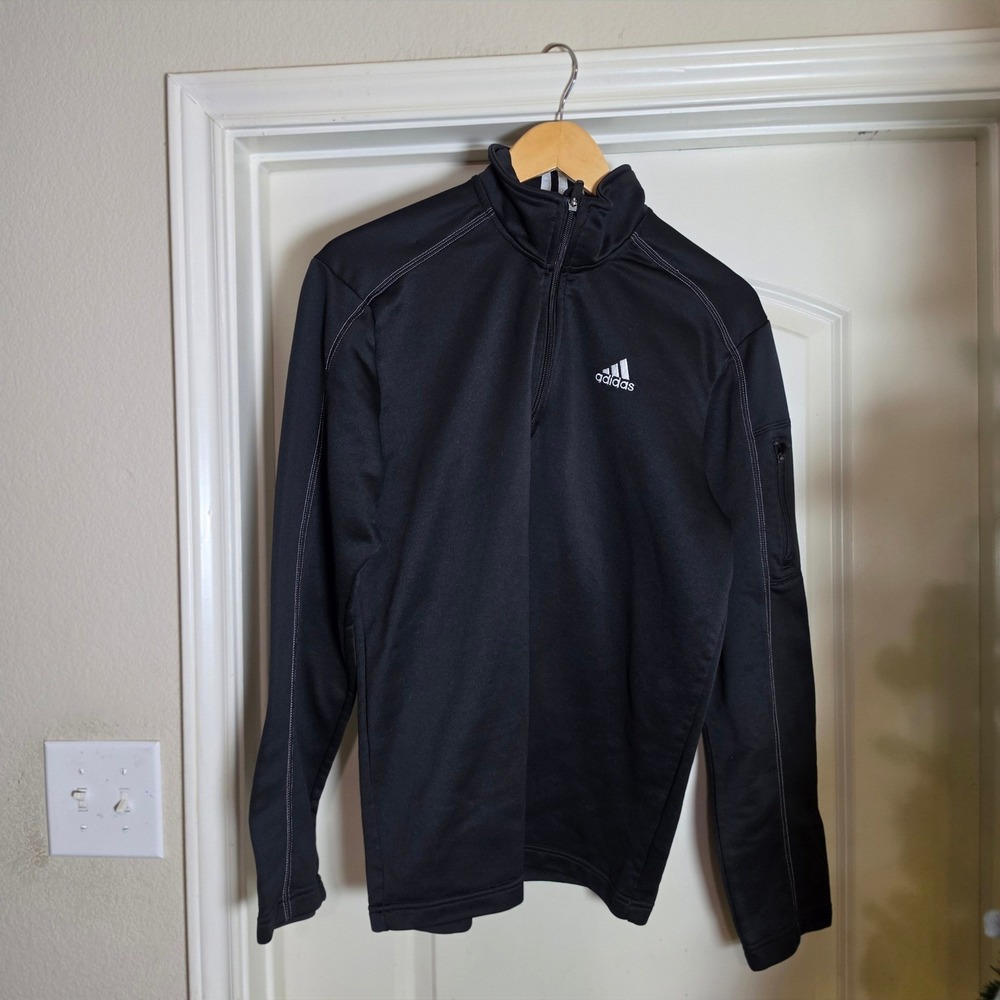 Adidas Mens Quarter Zip Pullover Black Athletic Jacket Sleeve Pocket Size M‎